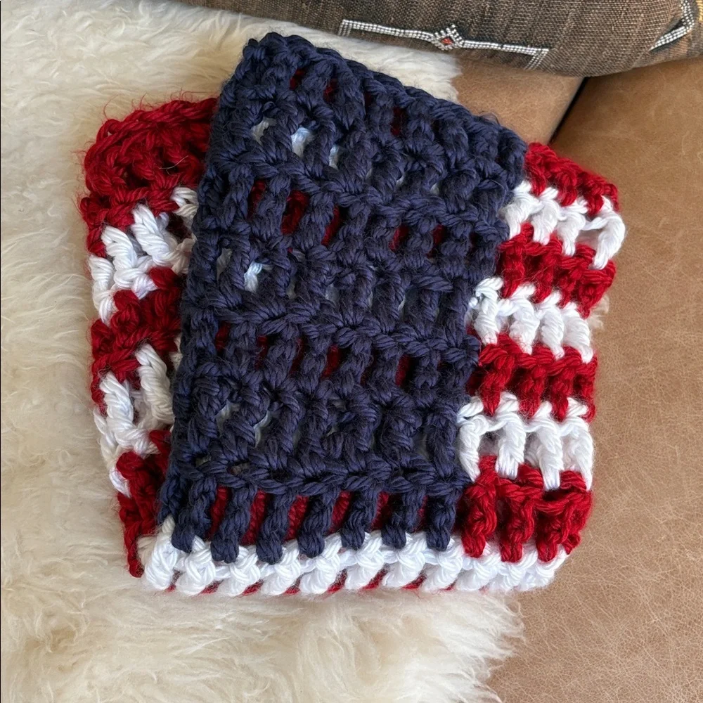 Handmade Red, White & Blue Crochet Flag Throw